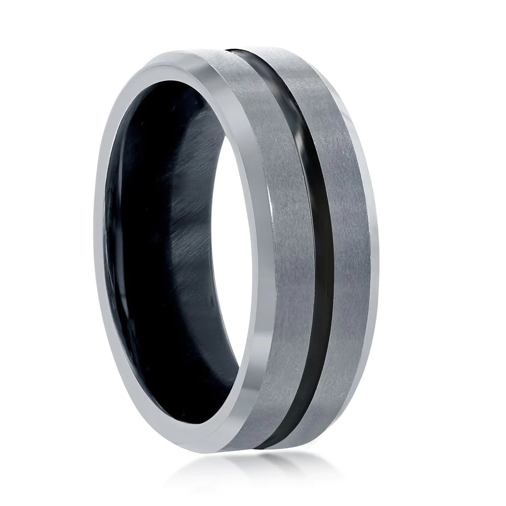 Tungsten Ring - Polished & Matte Silver and Black Stripe