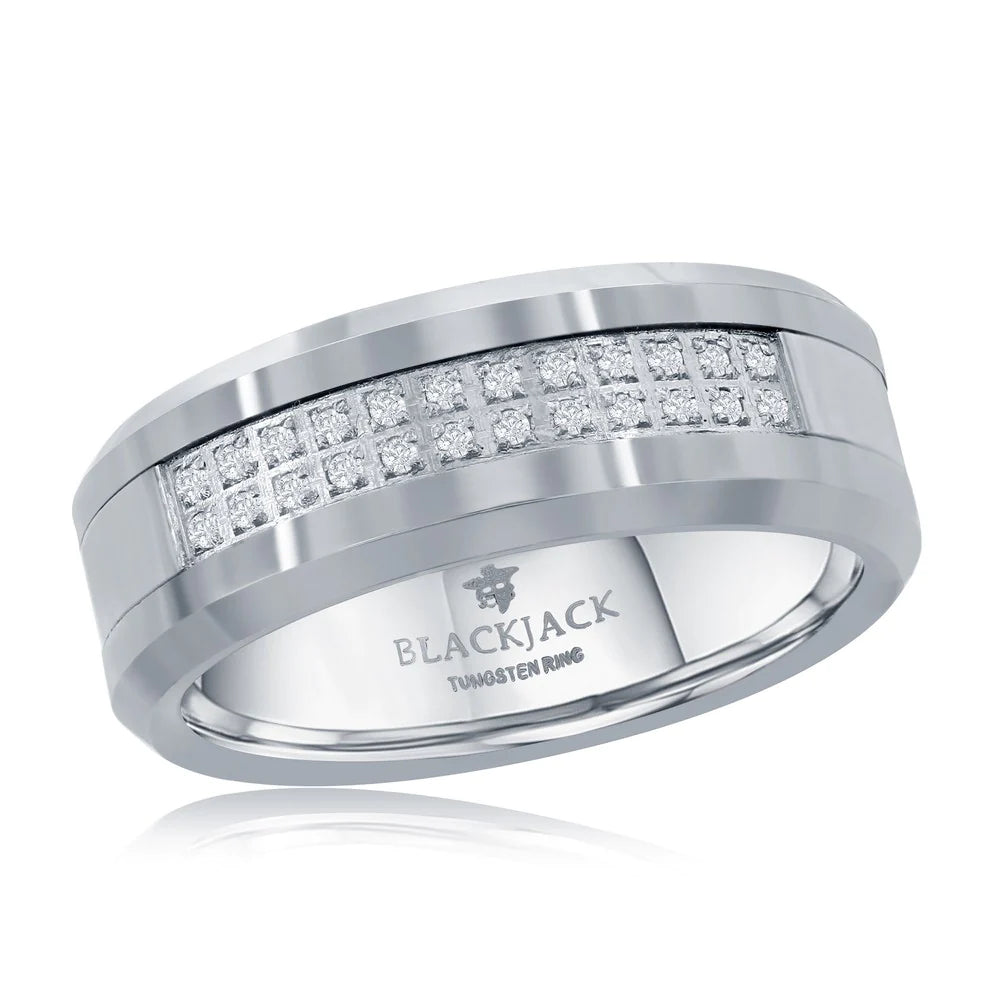 Tungsten Ring - Polished & Brushed Double Row CZ Silver