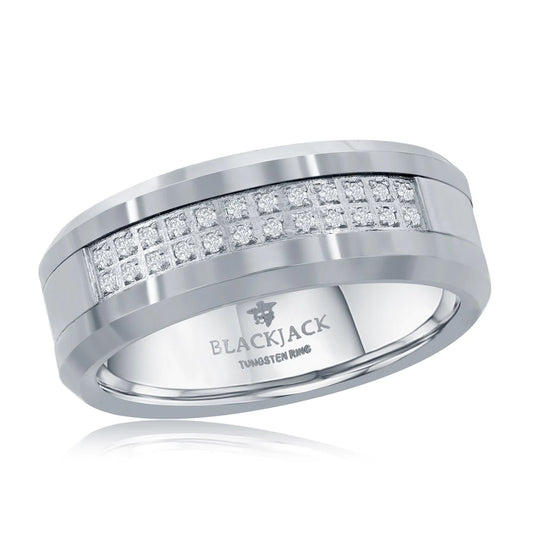 Tungsten Ring - Polished & Brushed Double Row CZ Silver