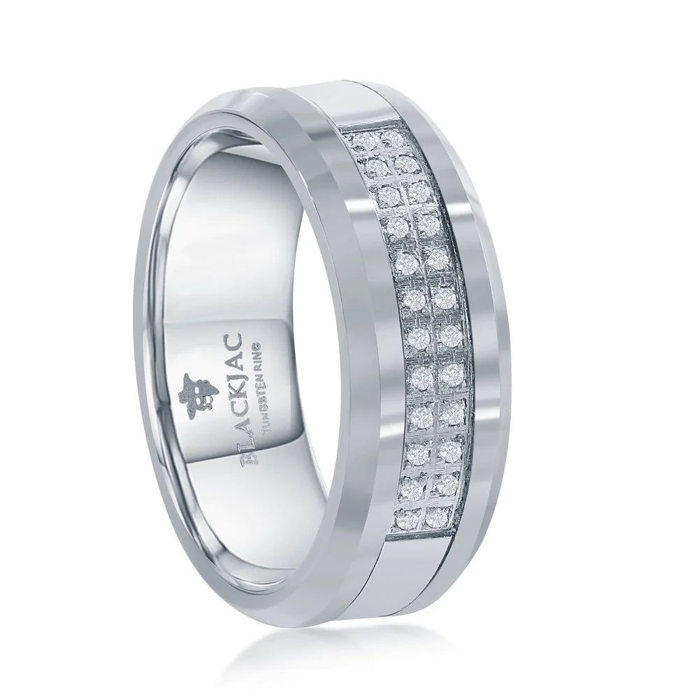 Tungsten Ring - Polished & Brushed Double Row CZ Silver