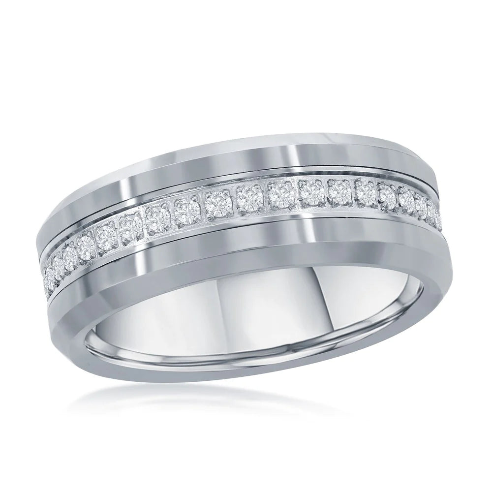 Tungsten Band Ring - Polished Silver CZ Eternity