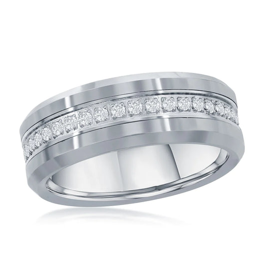 Tungsten Band Ring - Polished Silver CZ Eternity