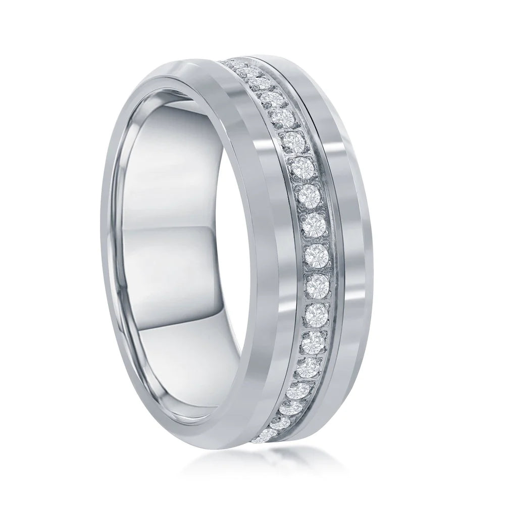 Tungsten Band Ring - Polished Silver CZ Eternity