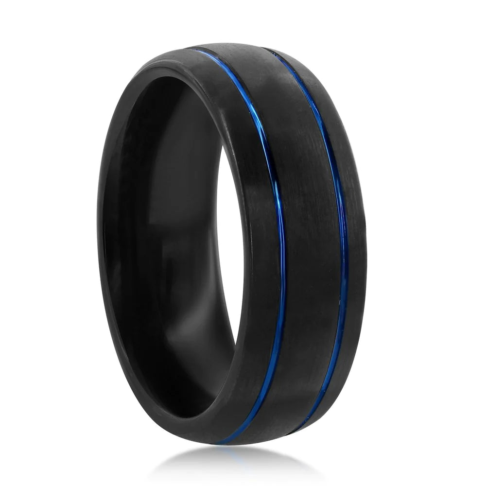 Double Stripe Tungsten Ring - Blue & Black