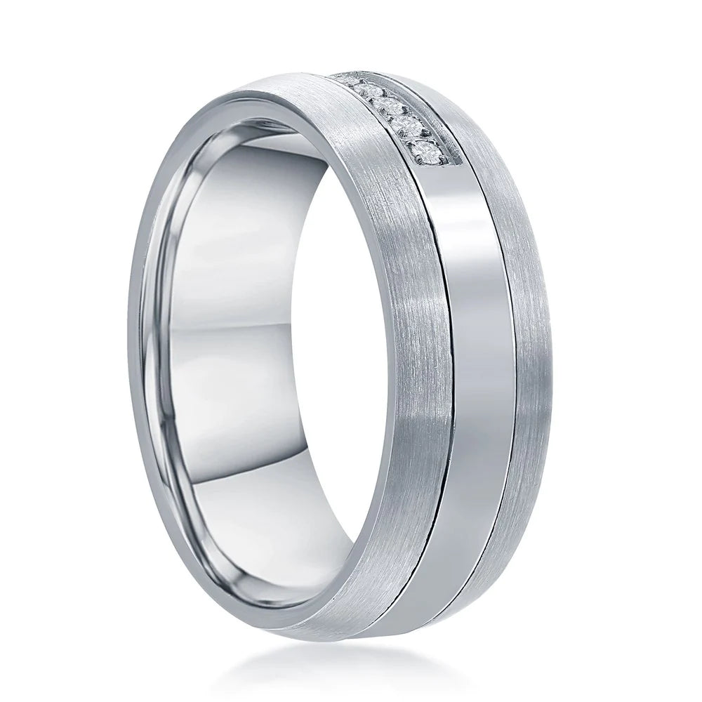 8MM Tungsten Ring - Polished & Brushed Half CZ