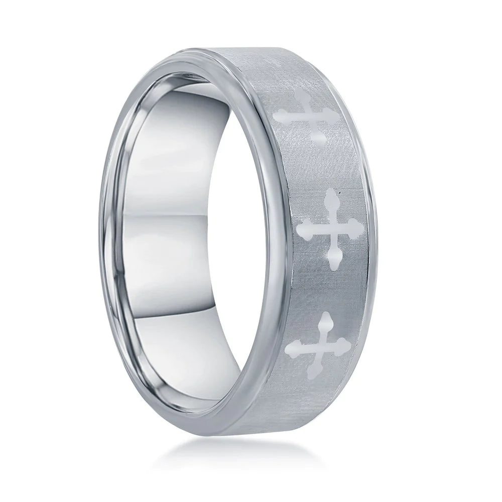 Cross Design - Polished & Brushed Tungsten Ring