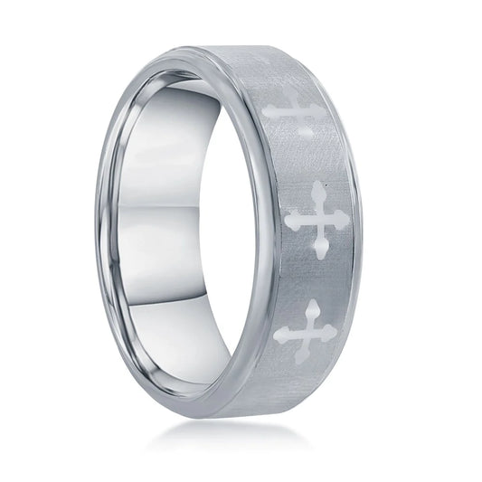 Cross Design - Polished & Brushed Tungsten Ring