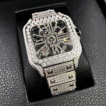 Moissanite VVS Skeleton Iced Out Baller Square Steel Watch
