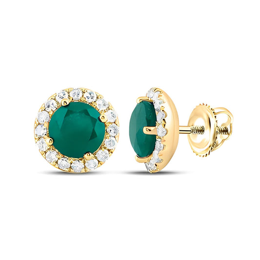 14K YELLOW GOLD ROUND EMERALD DIAMOND HALO EARRINGS 1-1/5 CTTW