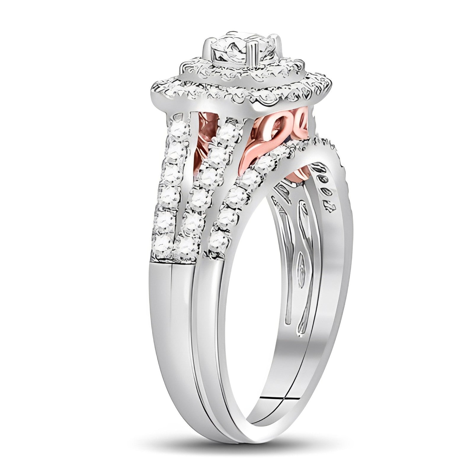 14K TWO-TONE GOLD ROUND DIAMOND BRIDAL WEDDING RING SET 1-1/4 CTTW (CERTIFIED)